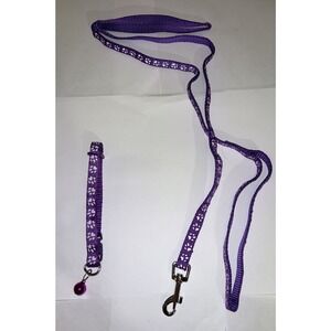 Dog Collar And Leash Set Small Dogs 48”Long Leash Purple With paws And bell